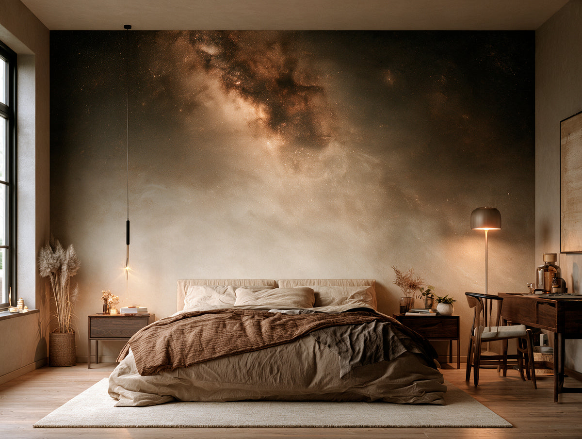 Stardust Amber — Warm Milky Way Sky Mural | Earthy Gold Celestial Wallpaper, Ceiling or Wall