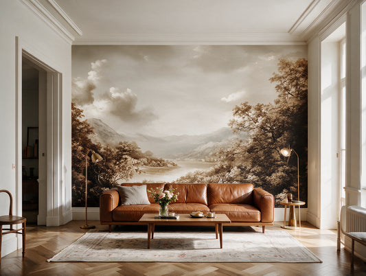 Lomond — A Sepia Mountain Lake Landscape Mural