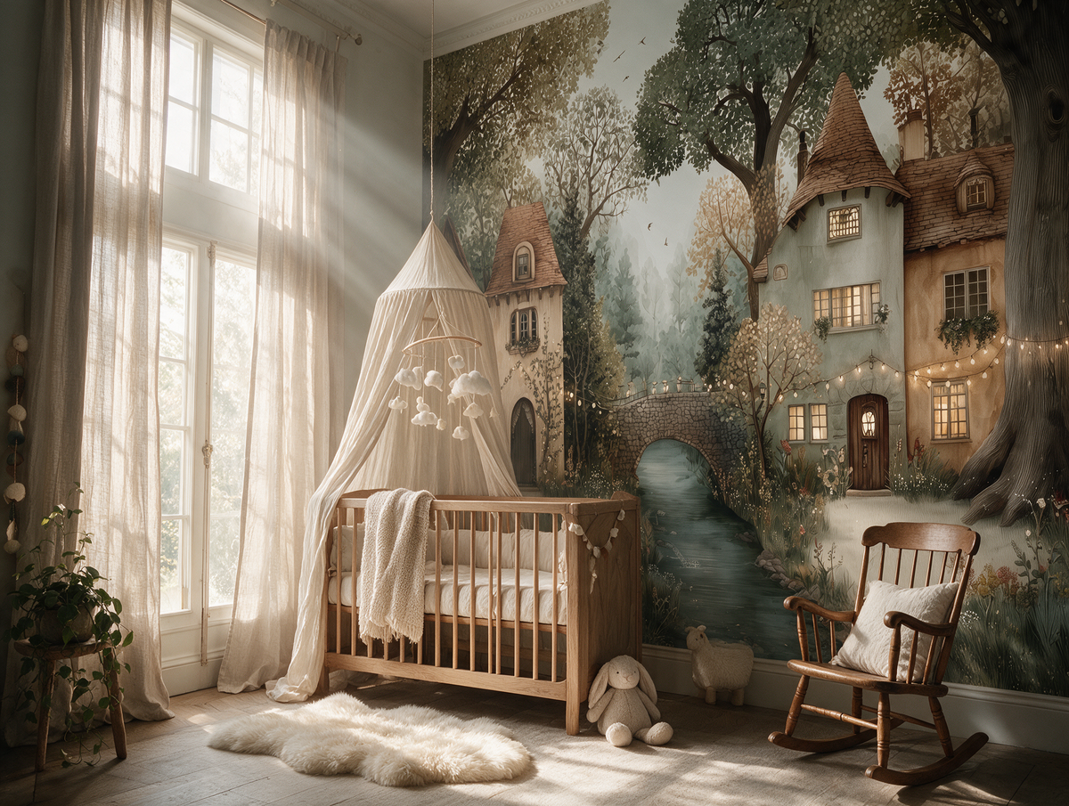 Lanternwood — A Twilight Fairytale Village Nursery Mural