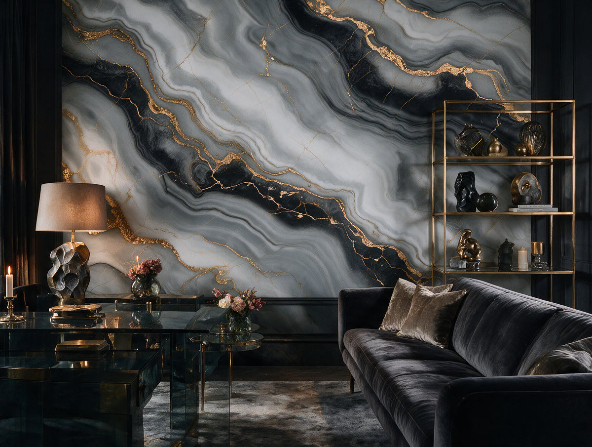 Onda — A Flowing Marble & Gold Mural