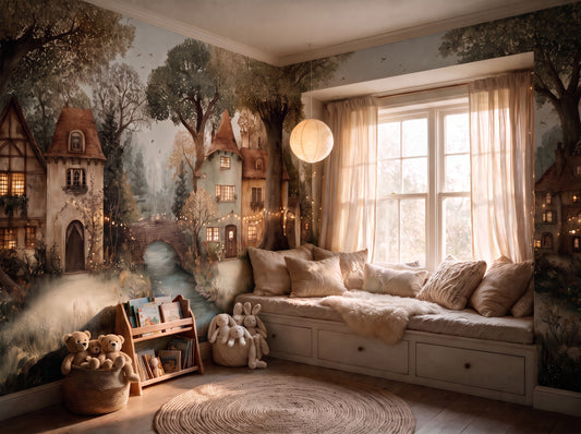 Lanternwood — A Twilight Fairytale Village Nursery Mural