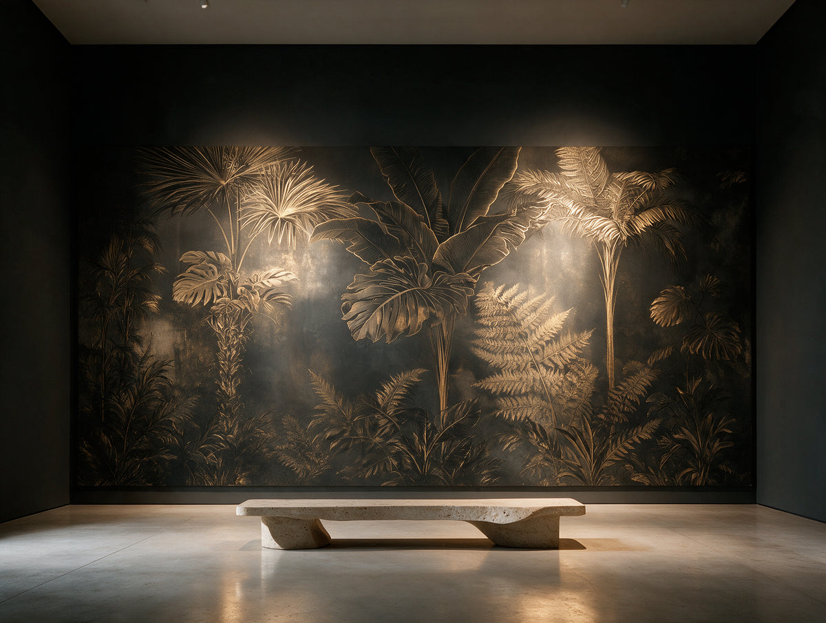 Verdant — A Dark Botanical Engraving Mural of Tropical Palms & Ferns