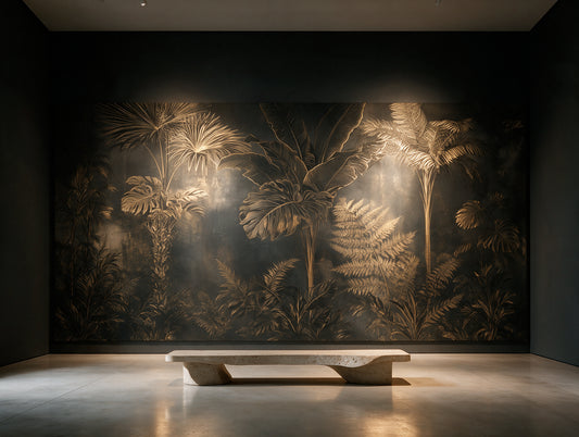 Verdant — A Dark Botanical Engraving Mural of Tropical Palms & Ferns