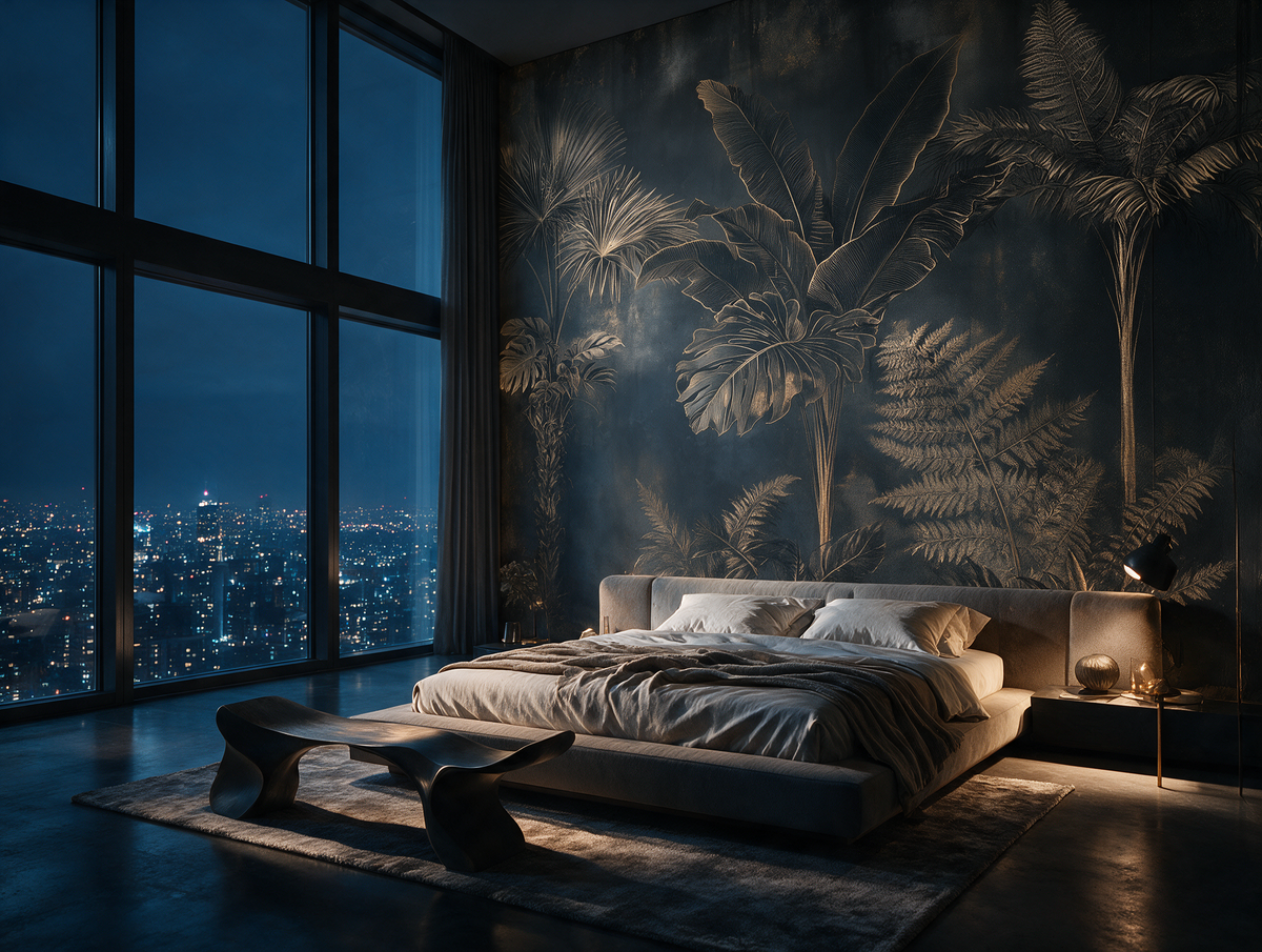 Verdant — A Dark Botanical Engraving Mural of Tropical Palms & Ferns
