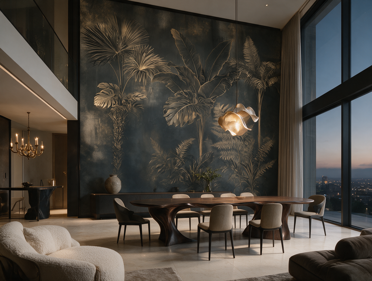 Verdant — A Dark Botanical Engraving Mural of Tropical Palms & Ferns