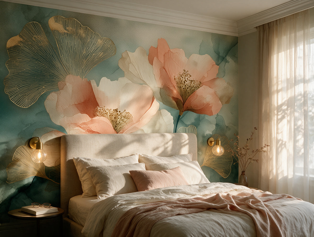Amber Hush — Peach & Teal Ginkgo Watercolor Wallpaper Mural