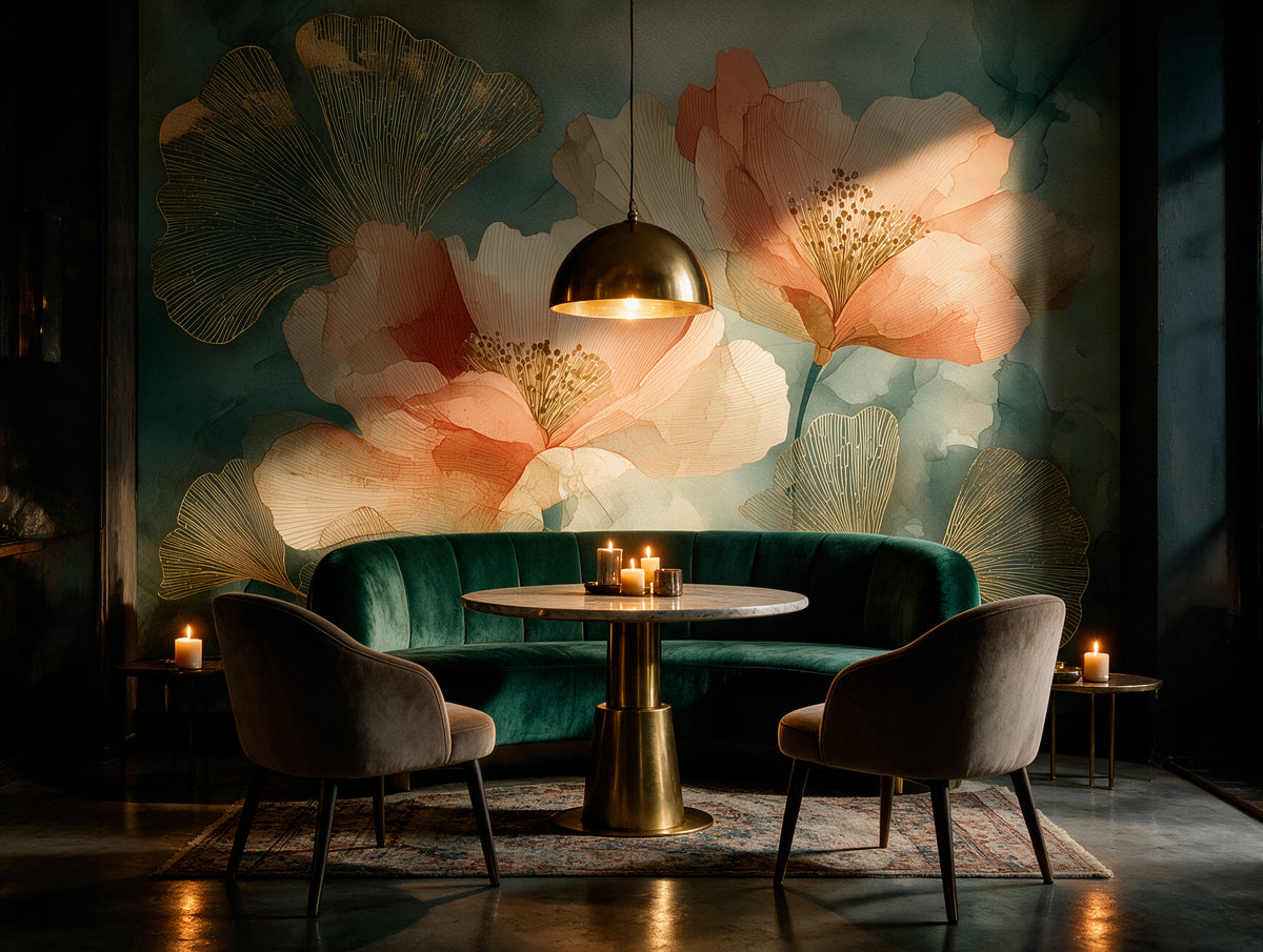 Amber Hush — Peach & Teal Ginkgo Watercolor Wallpaper Mural