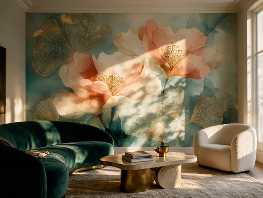 Amber Hush — Peach & Teal Ginkgo Watercolor Wallpaper Mural