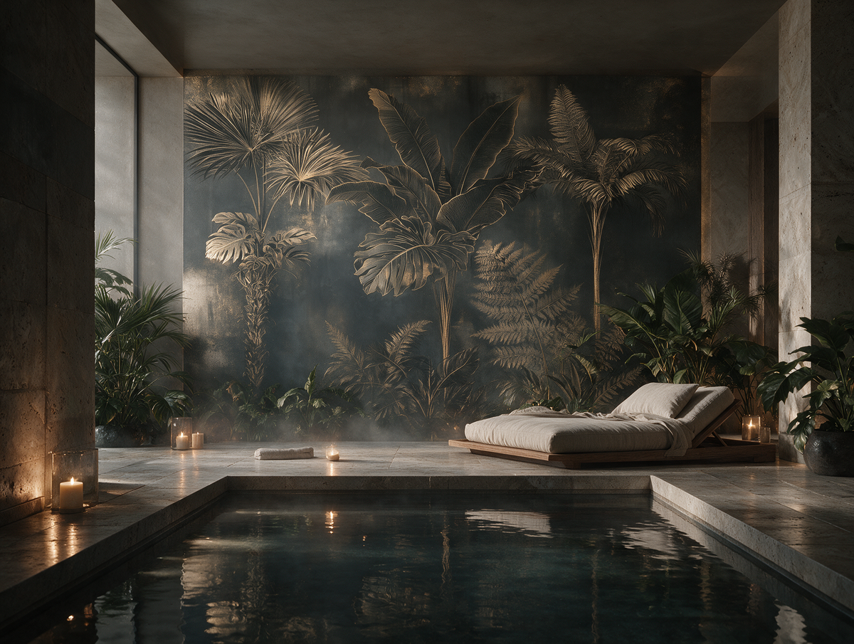 Verdant — A Dark Botanical Engraving Mural of Tropical Palms & Ferns