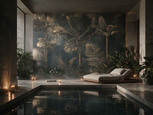 Verdant — A Dark Botanical Engraving Mural of Tropical Palms & Ferns