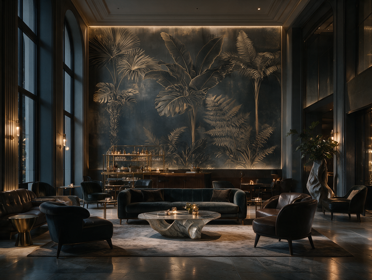 Verdant — A Dark Botanical Engraving Mural of Tropical Palms & Ferns