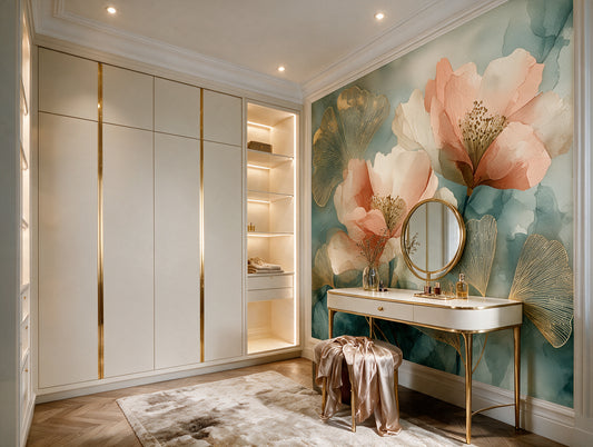 Amber Hush — Peach & Teal Ginkgo Watercolor Wallpaper Mural