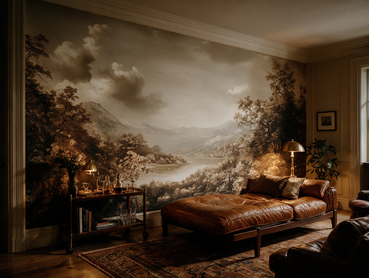 Lomond — A Sepia Mountain Lake Landscape Mural