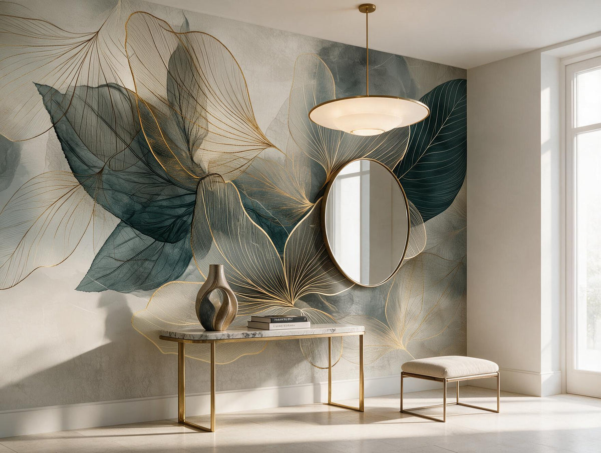 Emerald Reverie — Gold & Teal Watercolor Botanical Mural