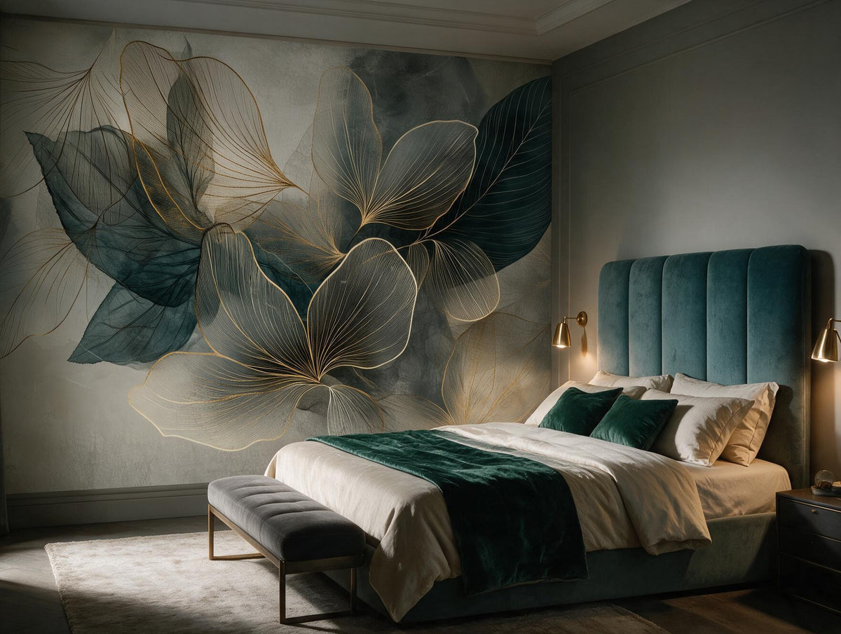 Emerald Reverie — Gold & Teal Watercolor Botanical Mural