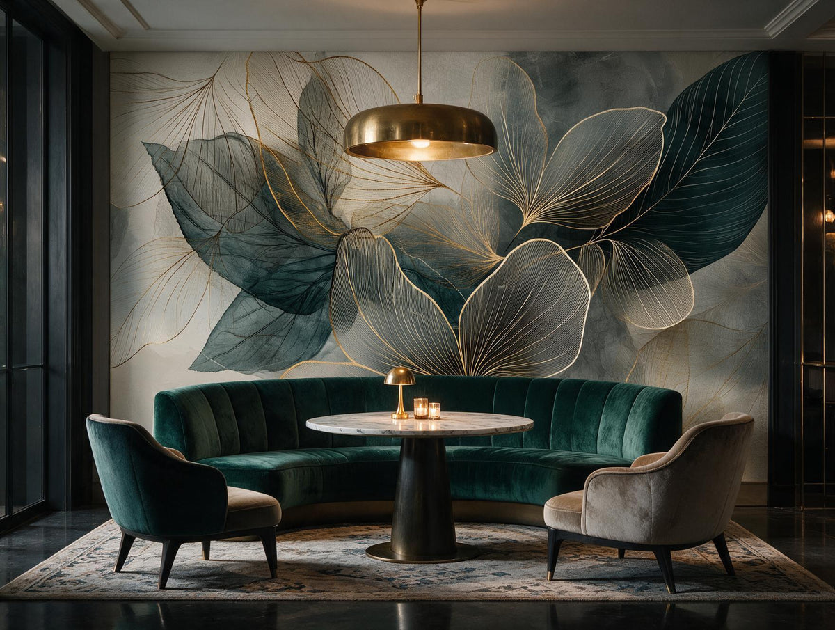 Emerald Reverie — Gold & Teal Watercolor Botanical Mural