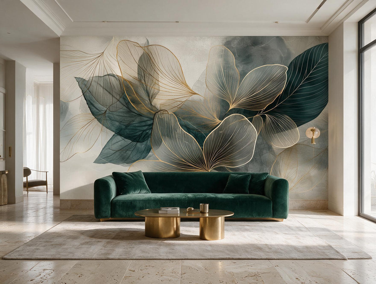 Emerald Reverie — Gold & Teal Watercolor Botanical Mural