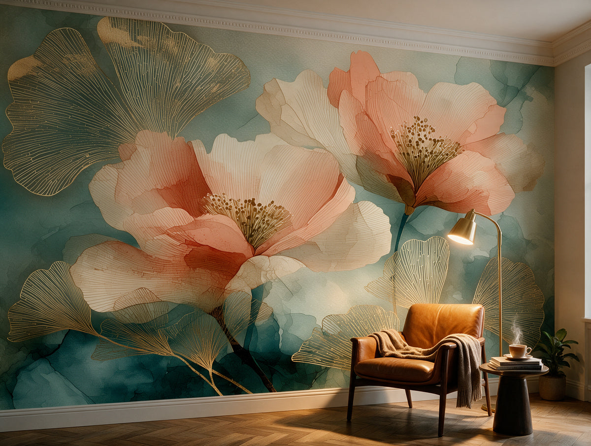 Amber Hush — Peach & Teal Ginkgo Watercolor Wallpaper Mural