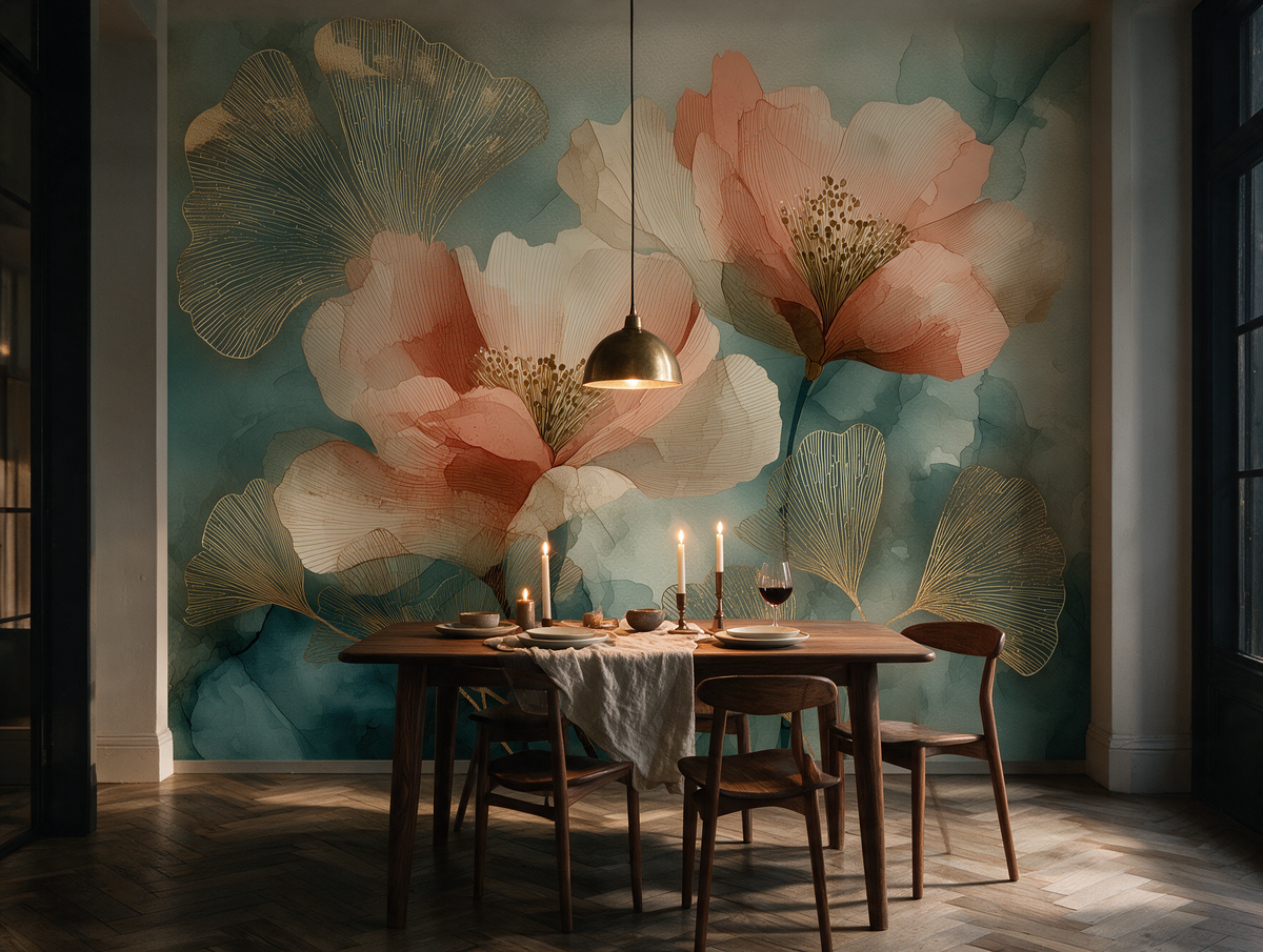 Amber Hush — Peach & Teal Ginkgo Watercolor Wallpaper Mural